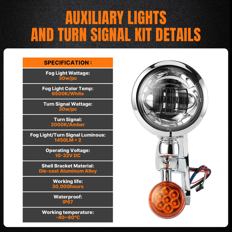 Chrome 4-1/2" LED Auxiliary Fog Spot Light Bracket Kit for Harley Street Glide