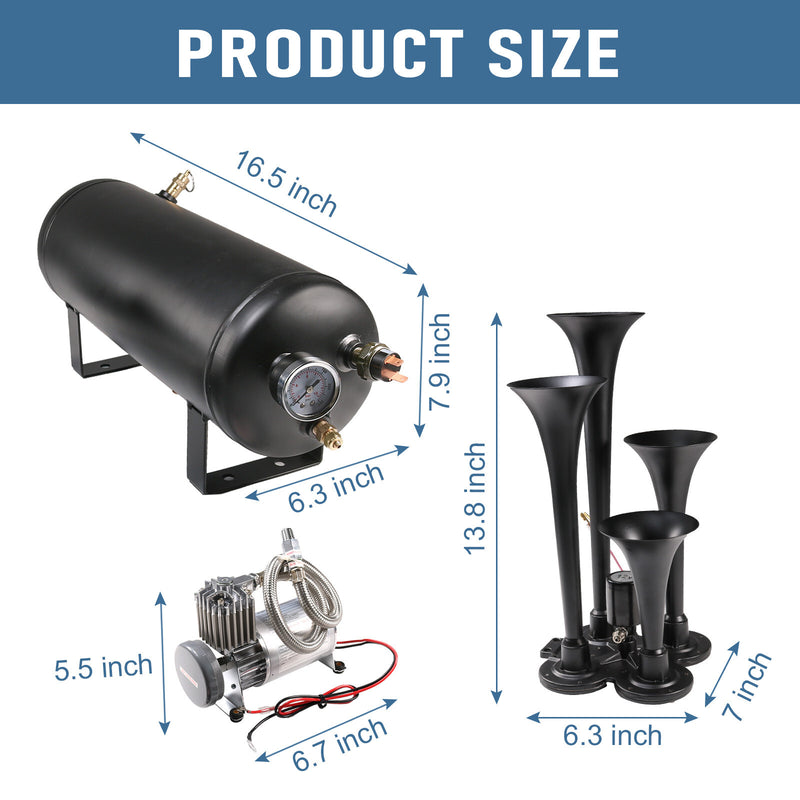 Train Horn Kit 4 Trumpets 1.5G Air Tank 150PSI for Truck Car Semi