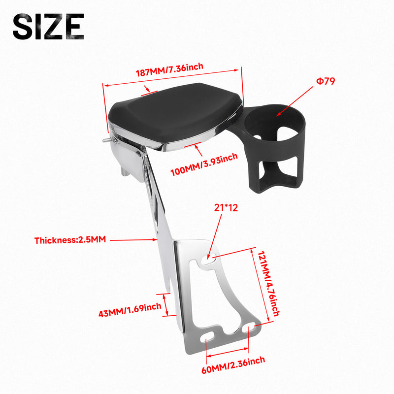 Rear Passenger Armrests Adjustable Cup Holders for Harley Touring 1997-2013