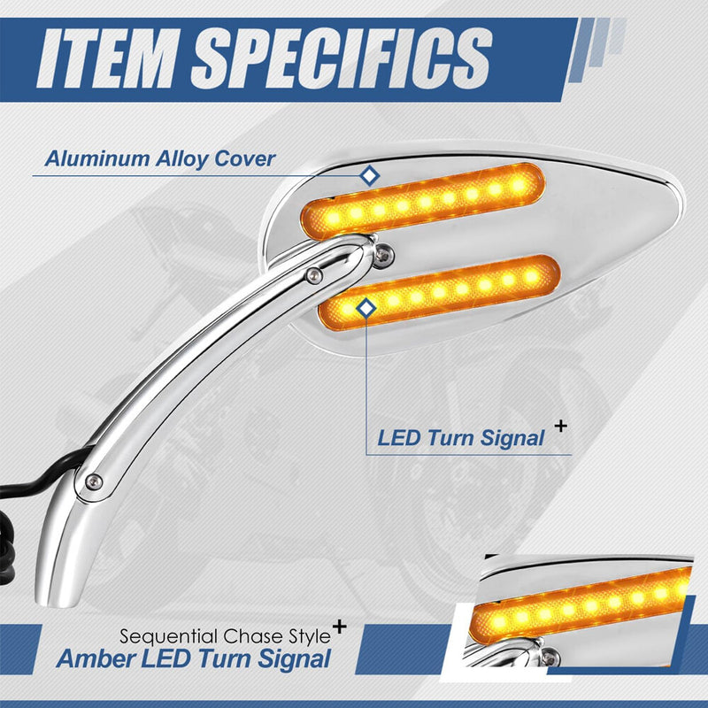 Rearview Side Mirrors with LED Turn Signals Chrome 8mm 10mm Motorcycle 2Pcs