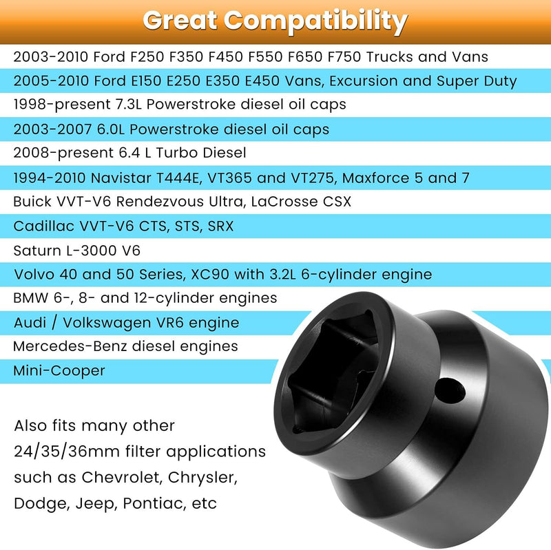 Oil Filter Socket 24mm 36mm for Ford 2003-2010 6.0L 6.4L Powerstroke Diesel