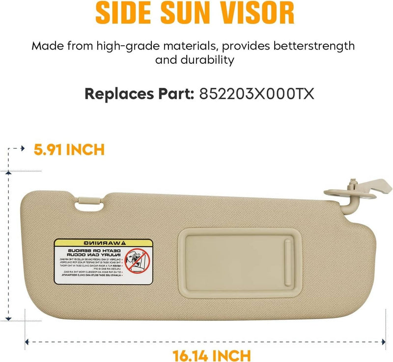 Right Passenger Side Sun Visor with Mirror for Hyundai Elantra 2011-2015 Beige