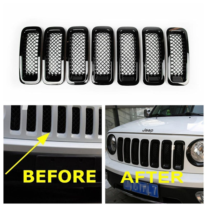 Black Front Mesh Grill Grille Insert Cover for Jeep Patriot 2011-2017 7 PCS