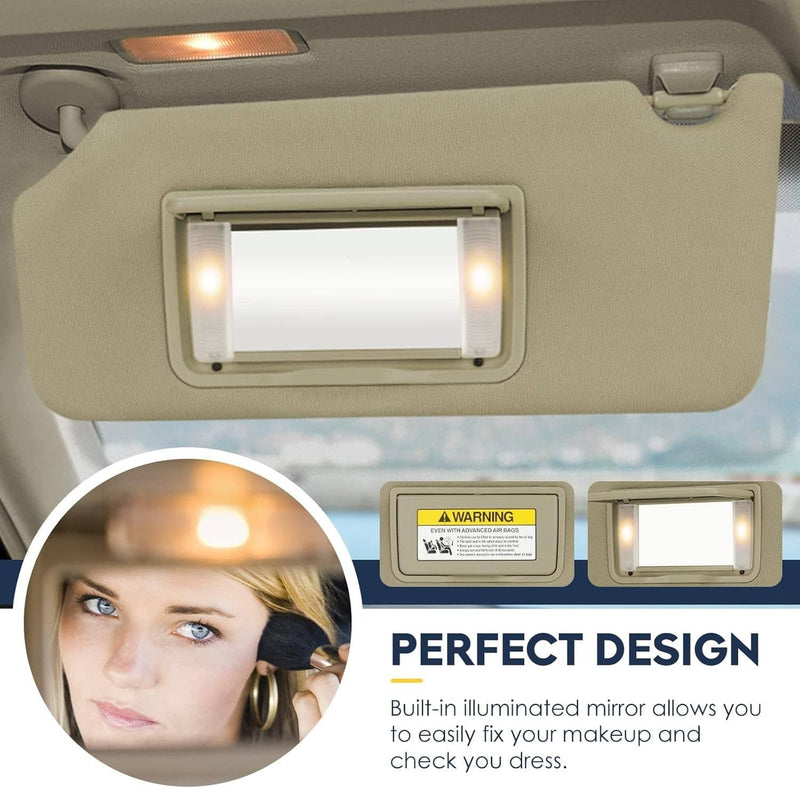 Sun Visor Beige Tan Left Driver Side w/Light Mirror for Honda Accord 2008-2017