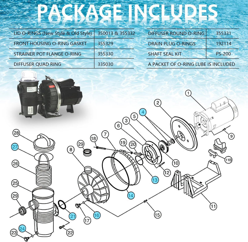 Complete Pump O-Ring Rebuild Repair Kit for Pentair Challenger Pool Pump Models