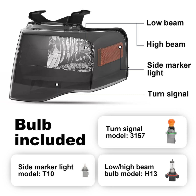 DURAFORCE 7L1Z13008DB Headlight Left With Bulbs for Ford Expedition 2007-2014