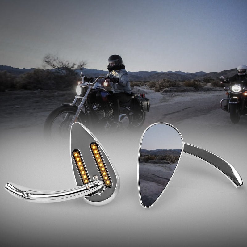 Rearview Side Mirrors with LED Turn Signals Chrome 8mm 10mm Motorcycle 2Pcs
