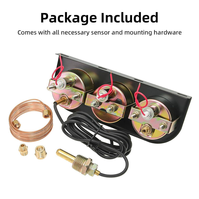 Black 2" 52mm Car 3 in 1 Triple Gauge Set Kit AMP Water Temp Oil Pressure
