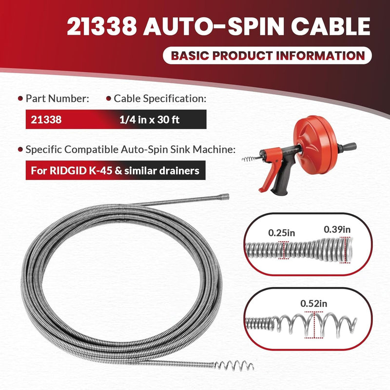 21338 Auto-Spin Drain Cable 1/4'' x 30 ft for RIDGID K-45