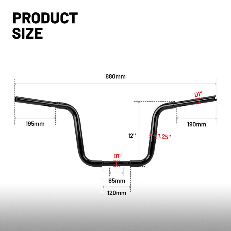 Black 12 Inch Rise Ape Hangers Handlebar for Harley FLST FXST Sportster XL Dyna