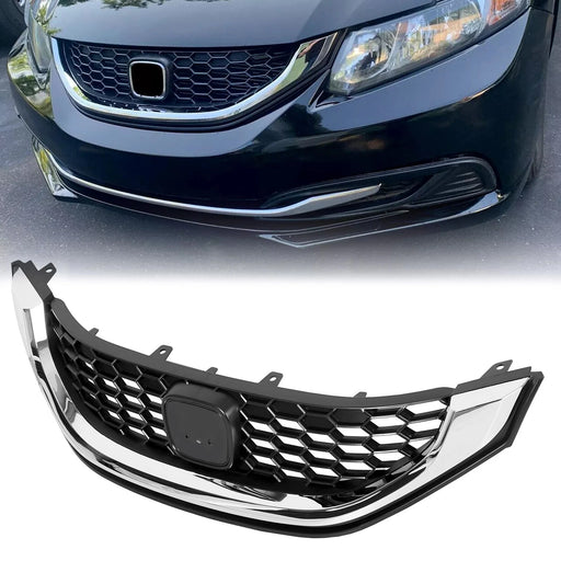 DURAFORCE Front Bumper Upper Grille Grill w/ Chrome Trim for 2013-2015 for Honda Civic