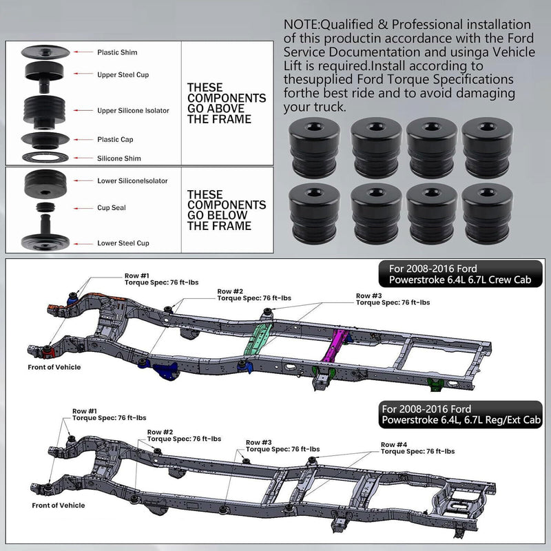 Silicone Body Mount Bushing Kit for Ford F250 F350 2008-2016 Super Duty
