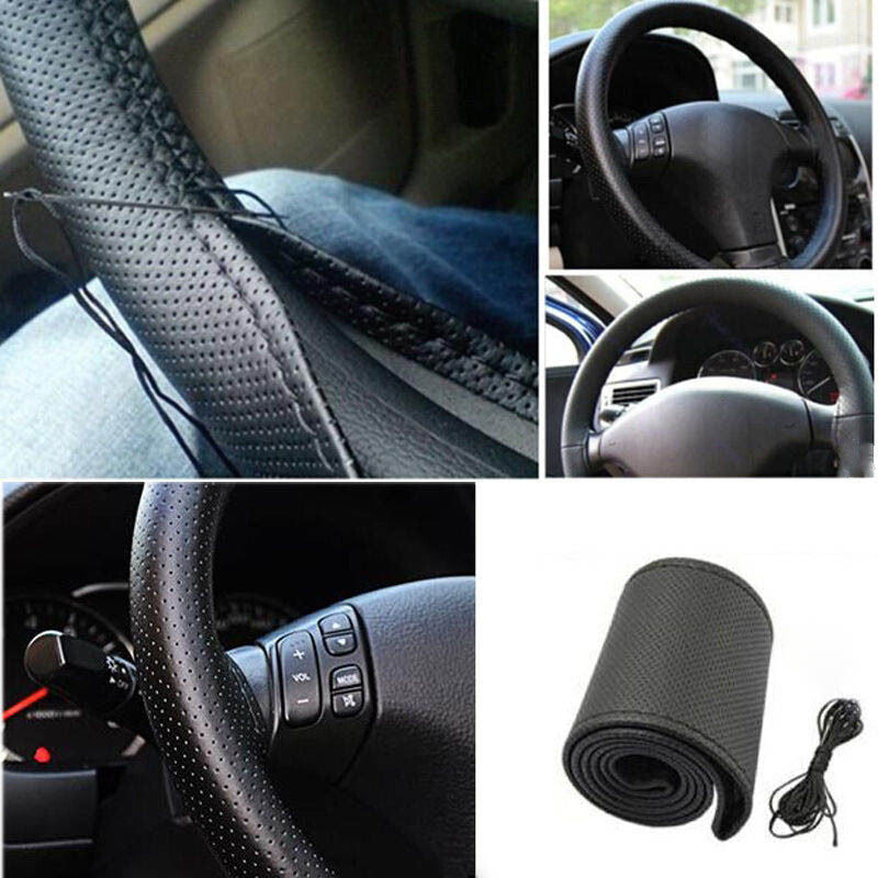 DIY Car Truck Leather Steering Wheel Cover with Needles and Thread Black