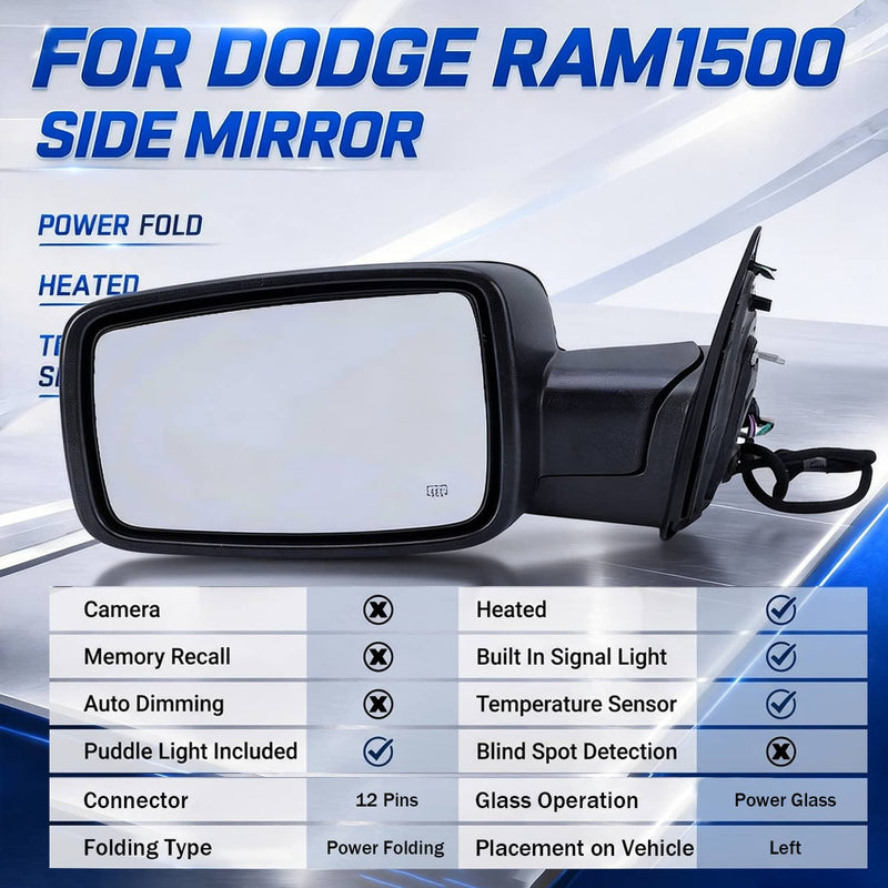 Pair Side Mirror Chrome Power Fold Heated Temp Sensor for 2013-2019 Ram 1500