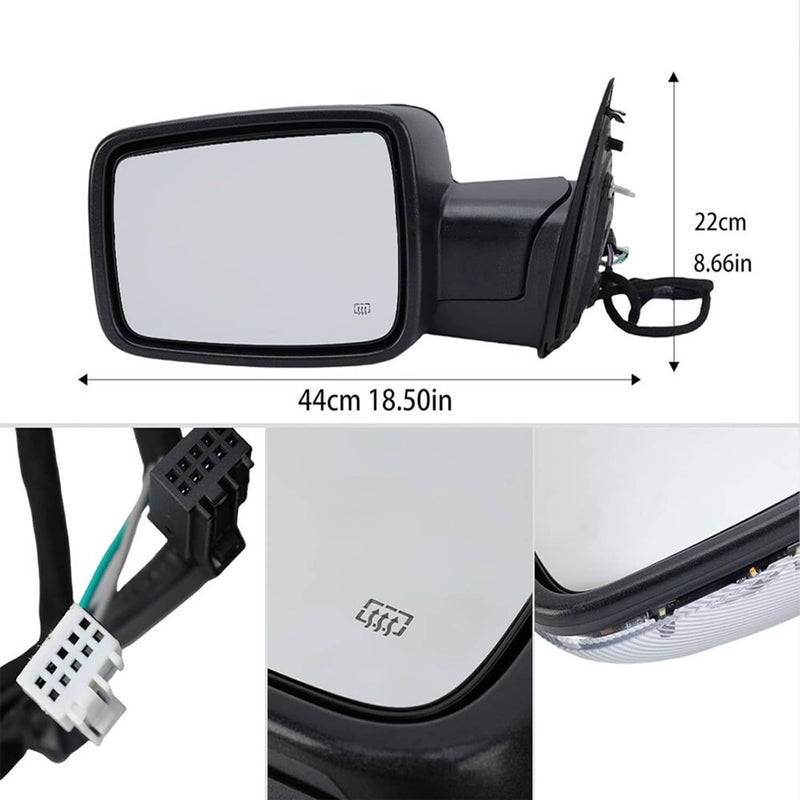 Left Side Mirror Chrome Power Fold Heated Temper Sensor for Ram 1500