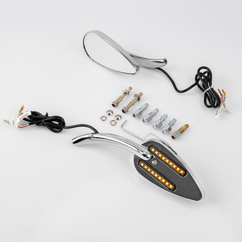 Rearview Side Mirrors with LED Turn Signals Chrome 8mm 10mm Motorcycle 2Pcs