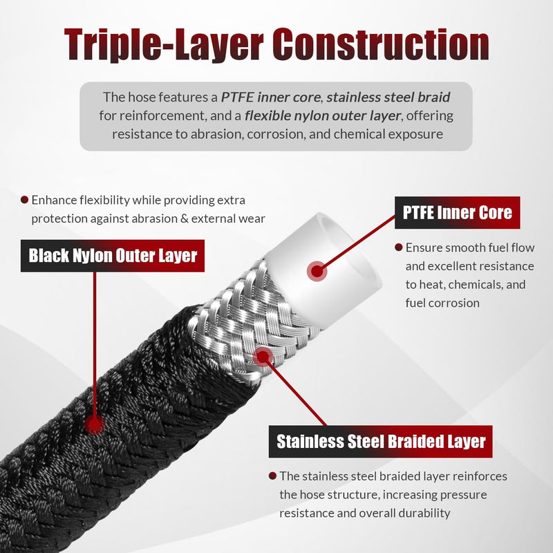 6AN 3/8" PTFE Fuel Line Kit Nylon Stainless Braided Hose 25FT 16Pcs