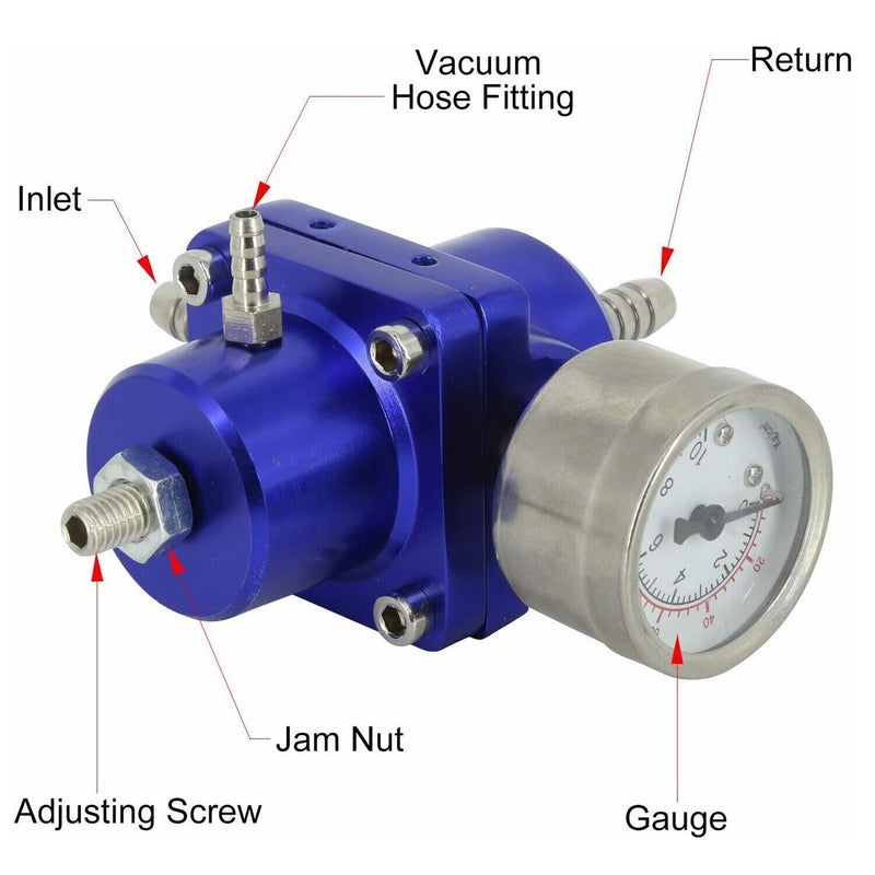 Aluminum Adjustable Fuel Pressure Regulator Gauge Fitting Kit Universal Blue