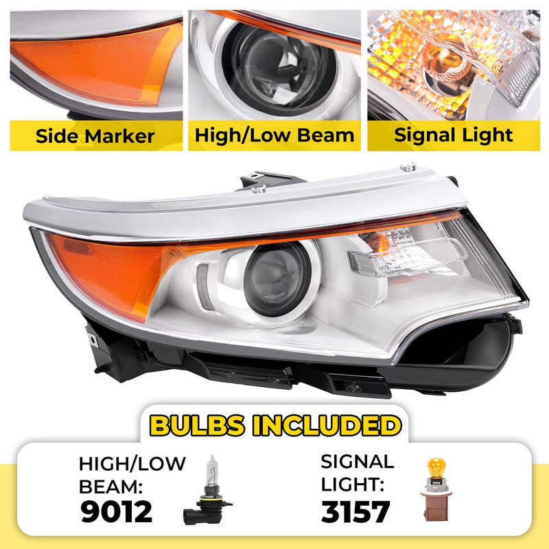 DURAFORCE Headlight Right Side Halogen Projector 5 Pins For Ford Edge 2011 2012 2013 2014