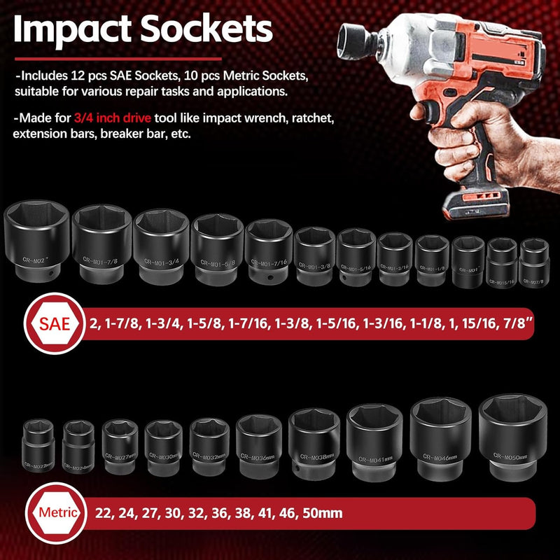 3/4" Drive Deep Impact Socket Set 27Pcs SAE 7/8"-2" Metric 22-50 MM Kit