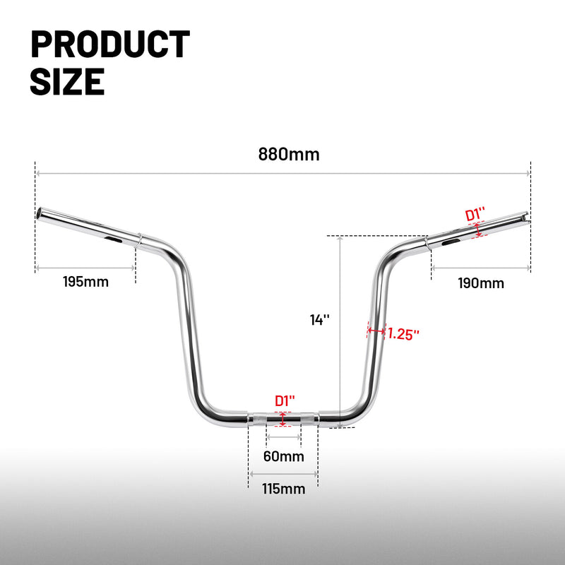 14 Inch Rise Ape Hanger Handlebar Fat 1-1/4 Inch for Harley Sportster Softail Ro