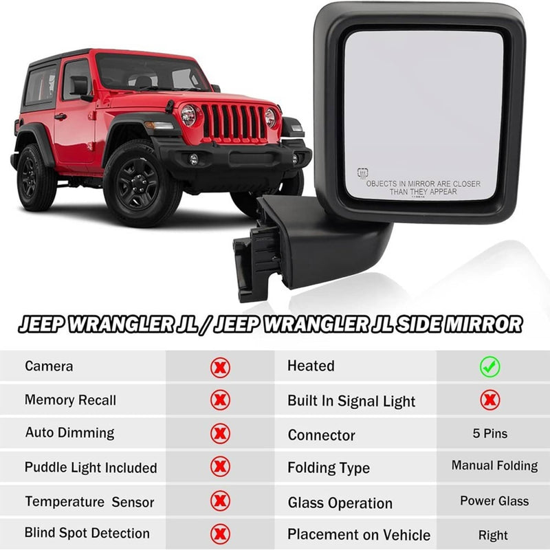 Right Passenger Side Power Heated Mirror for Jeep Wrangler Gladiator