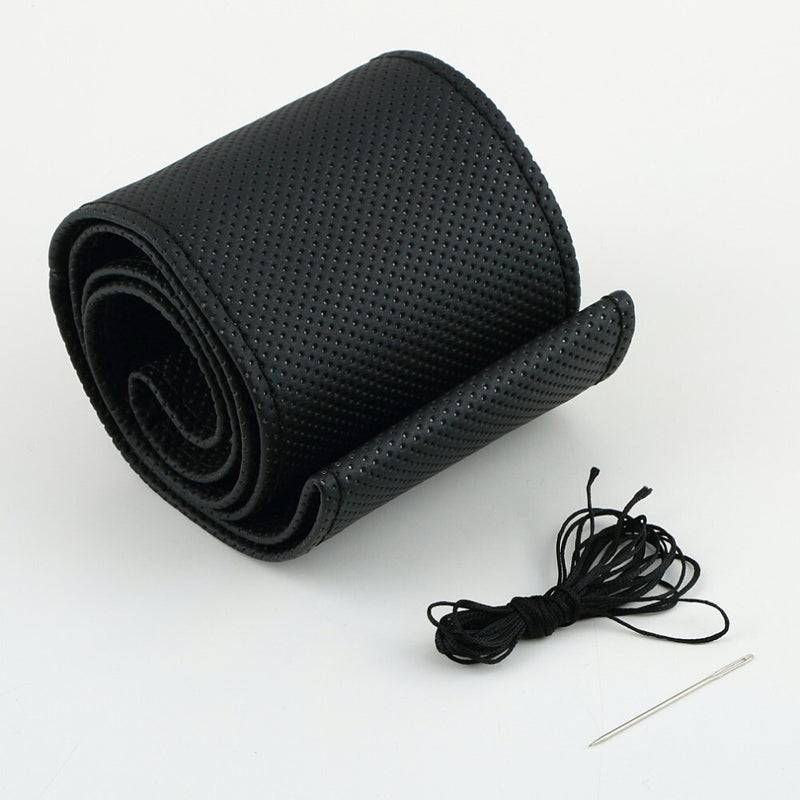 DIY Car Truck Leather Steering Wheel Cover with Needles and Thread Black