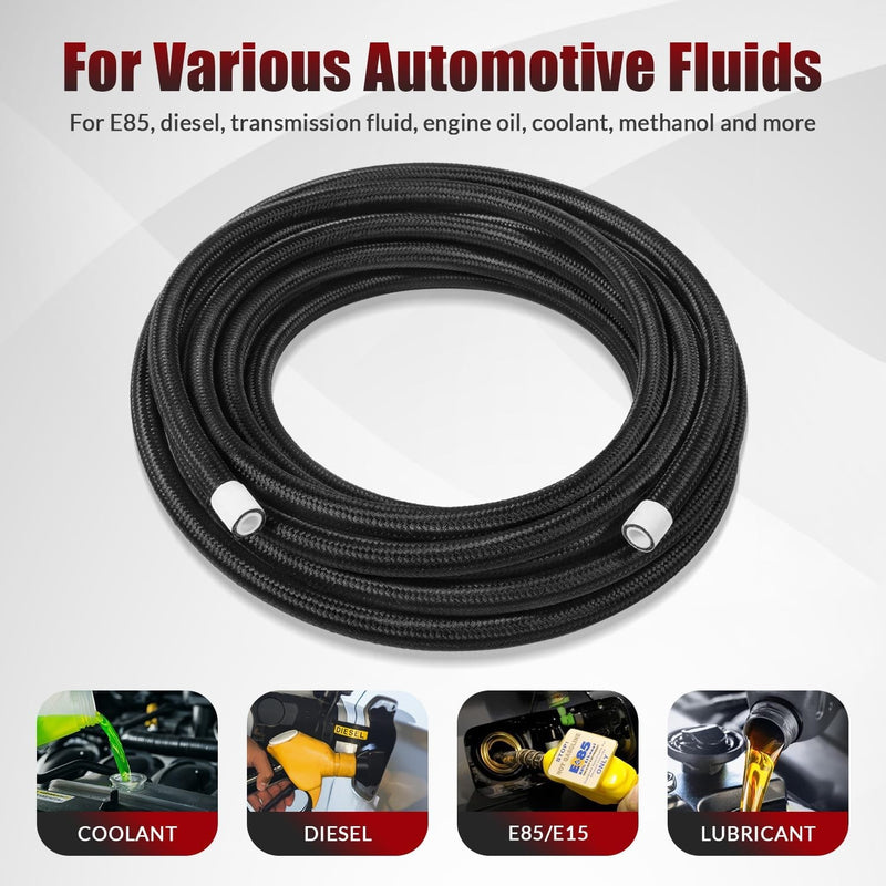 6AN 3/8" PTFE Fuel Line Kit Nylon Stainless Braided Hose 25FT 16Pcs
