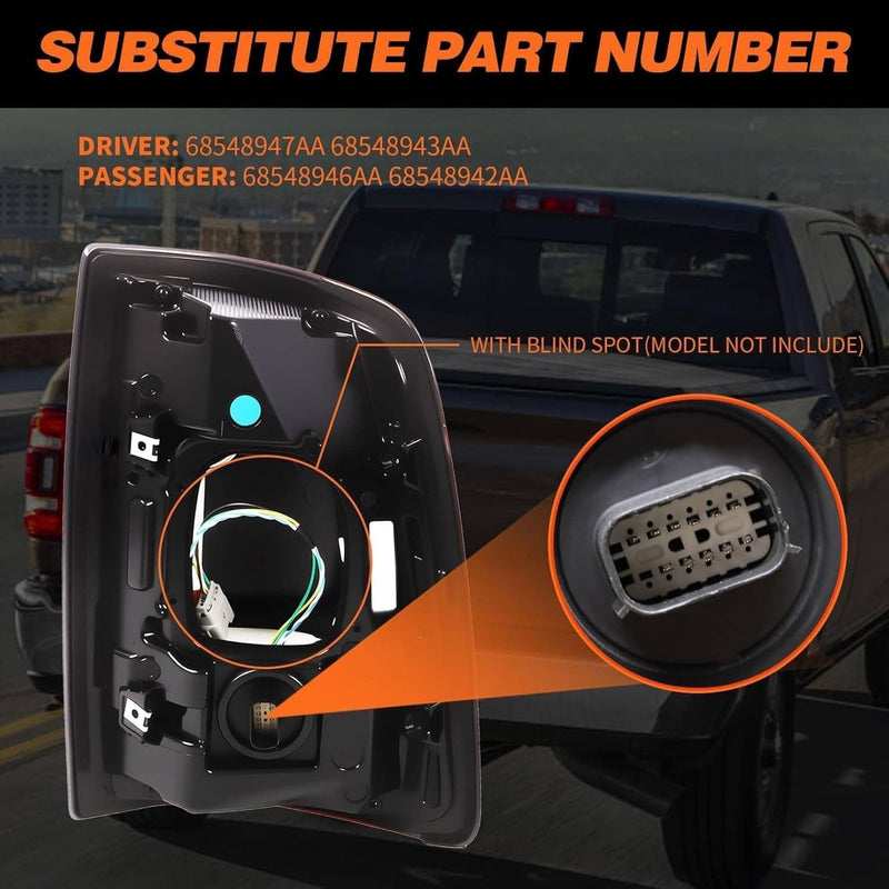 2Pcs LED Tail Lights w/Blind Spot for Dodge RAM 2500 3500 2019-2024 Black Bezel