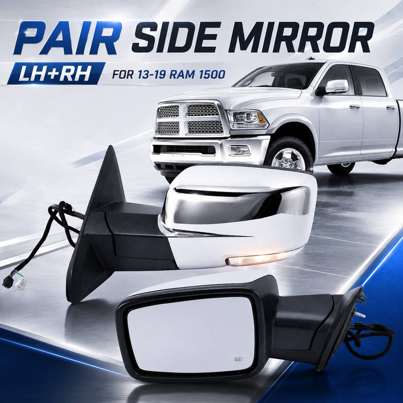 2Pcs Side Mirror Chrome Power Fold Heated Temper Sensor for 2013-2019 Ram 1500