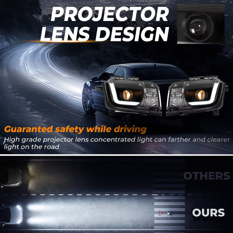 DURAFORCE LED Tube Projector Headlights Headlamp Black for Chevrolet Camaro 2010-2013 Pair