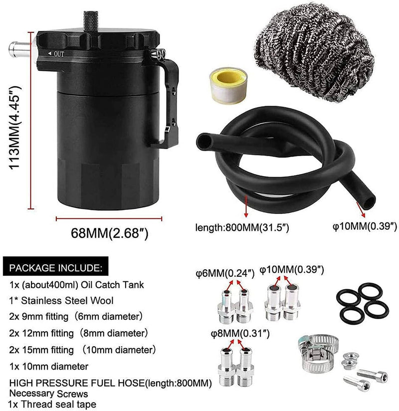 Universal Black Oil Catch Can Kit with Hose Baffled Reservoir Aluminum Tank