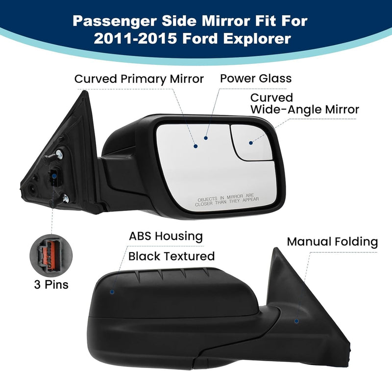 Power Mirror for Ford Explorer 2011-2015 Right Side Manual Fold Textured Black