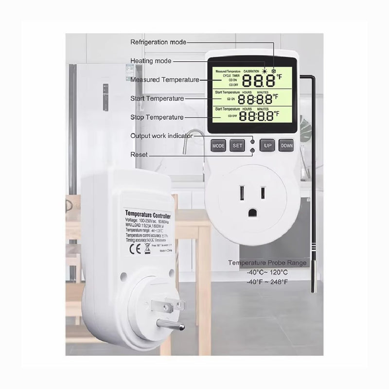 Temperature Controller Heating Cooling with Probe Digital Thermostat Outlet Plug
