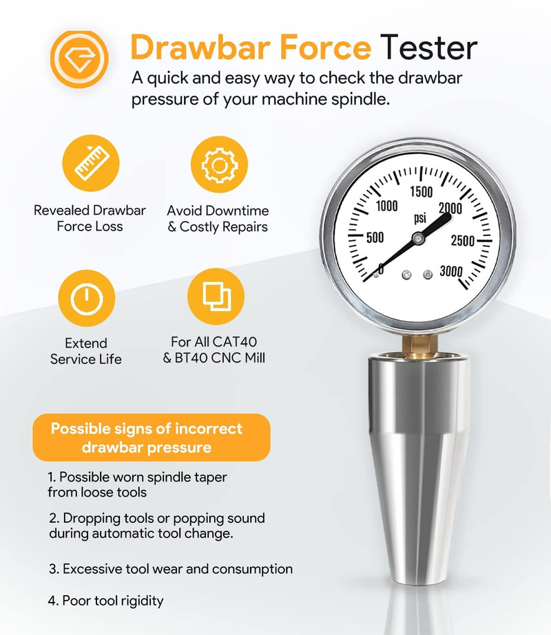 Drawbar Force Gage Spindle Force Test Gauge for CAT40 or BT40 CNC Machines