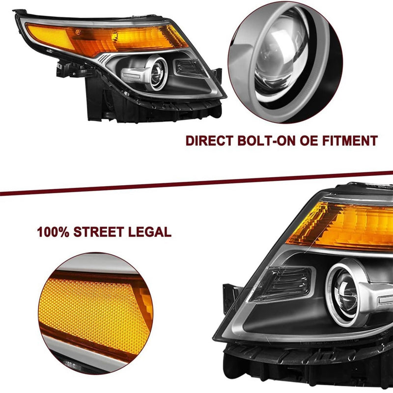 For 2011-2015 Ford Explorer Halogen Chrome Projector Headlights LH+RH