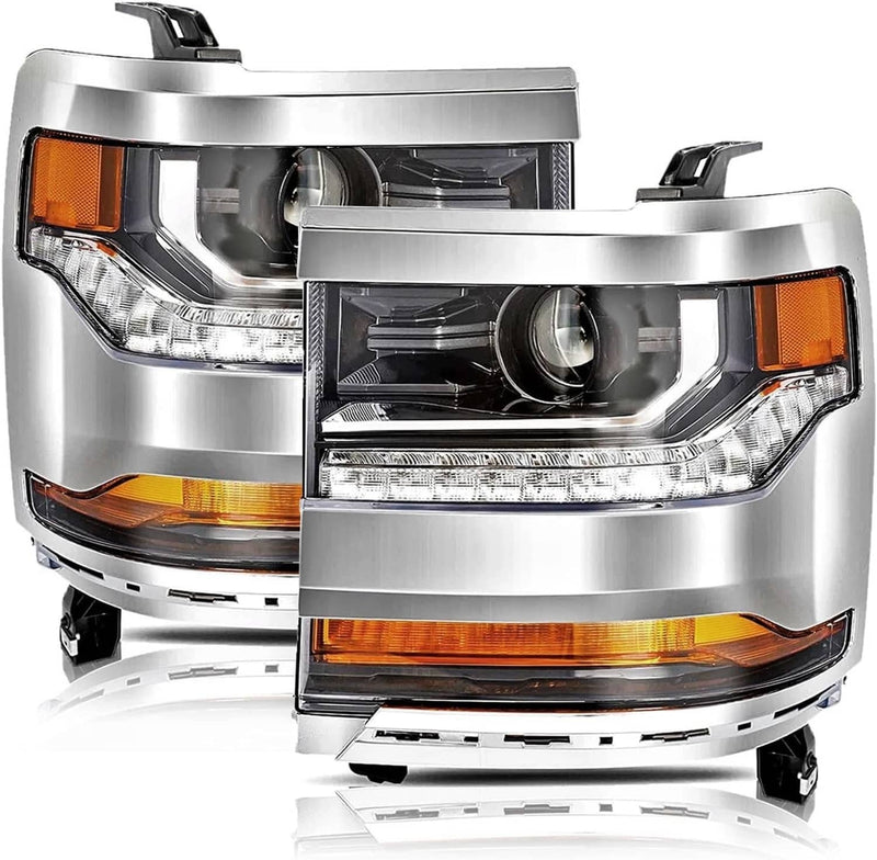 Pair Chrome Headlights for Chevy Silverado 1500 2016-2018 HID Xenon Headlamps 2