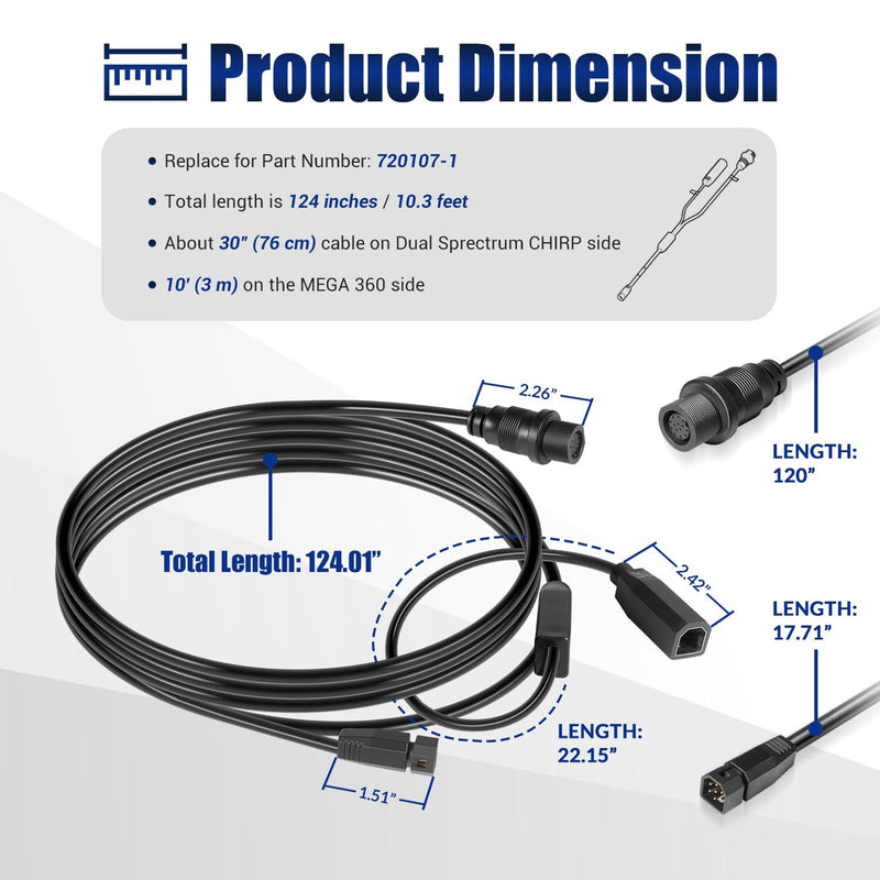 720107-1 Transducer Adapter Cable 10ft Replace 9-M360-2-DDI-Y Mega 360 2D MDI