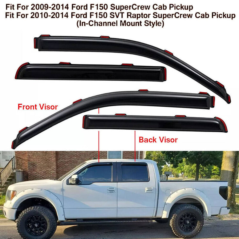 In-Channel Window Vent Visor Sun Rain Guard for Ford F-150 Super Crew 2009-2014