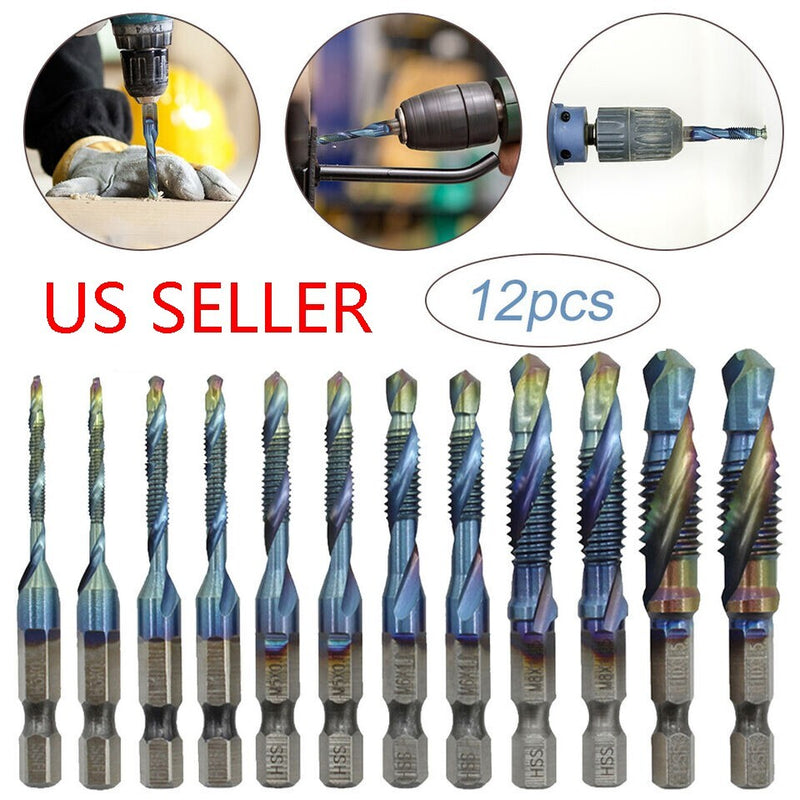 12PCS M3-M10 1/4" Hex Shank Composite HSS Metric Screw Thread Tap Drill Bits Set