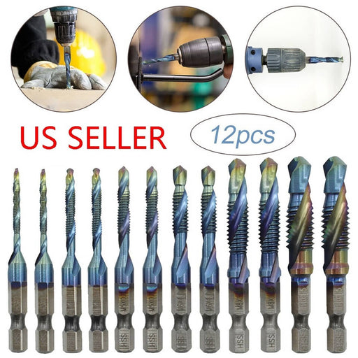 DURAFORCE 12PCS M3-M10 1/4" Hex Shank Composite HSS Metric Screw Thread Tap Drill Bits Set