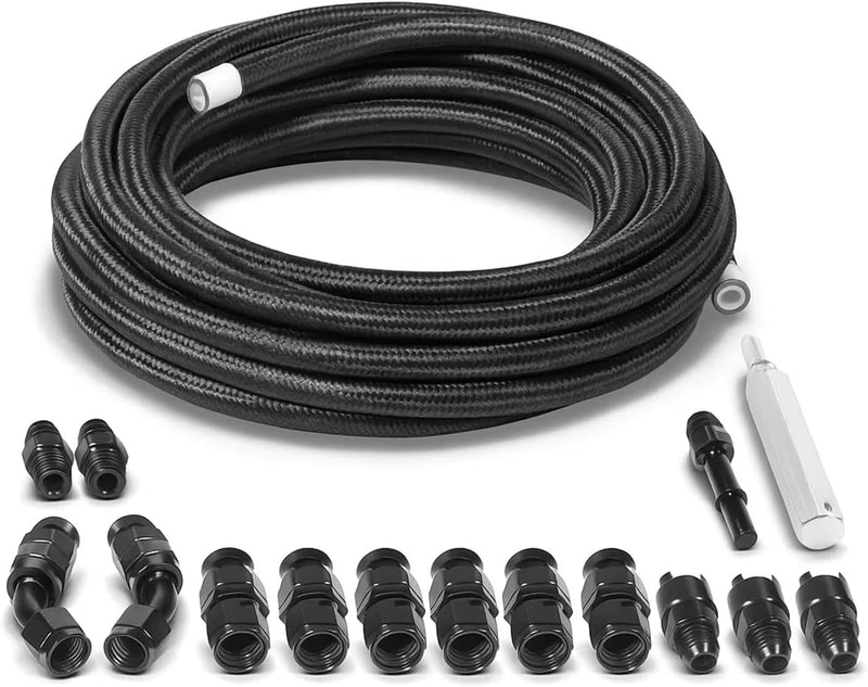 6AN 3/8" PTFE Fuel Line Kit Nylon Stainless Braided Hose 25FT 16Pcs