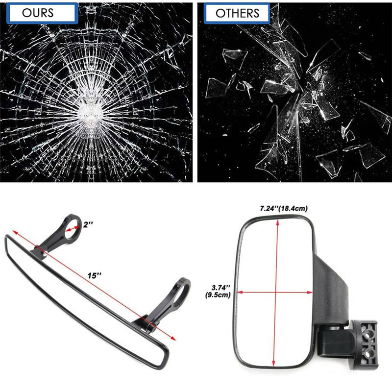 2" UTV Rear View Center + 1.75" 2" Side Mirror for Polaris RZR Can Am Maverick