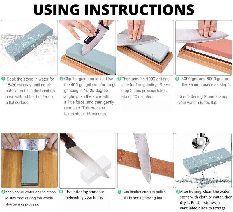Knife Sharpening Stone Set Professional Whetstone 4 Side Grit 400 1000 3000 8000