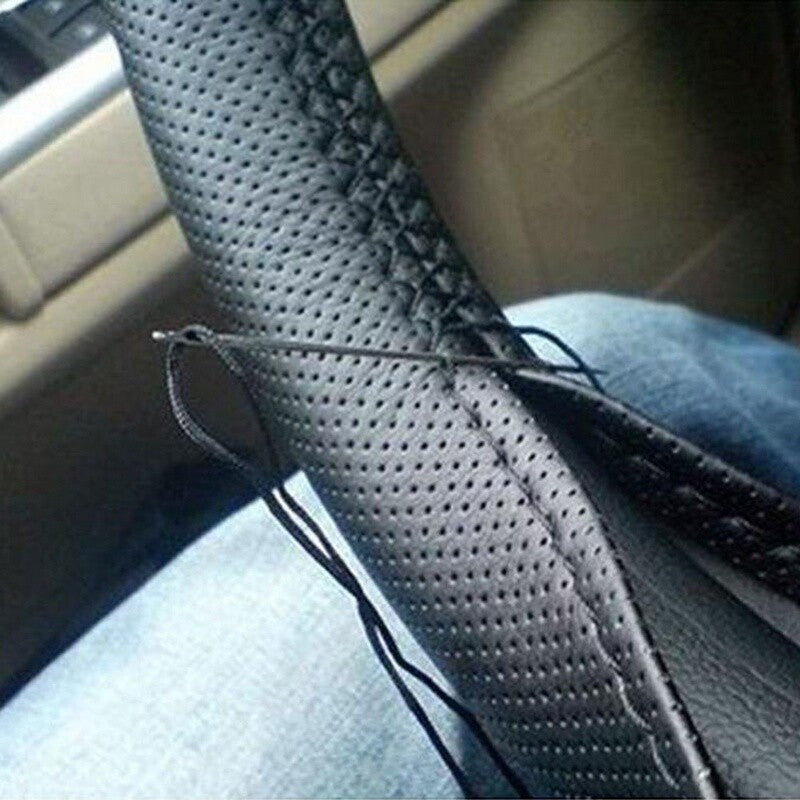 DIY Car Truck Leather Steering Wheel Cover with Needles and Thread Black