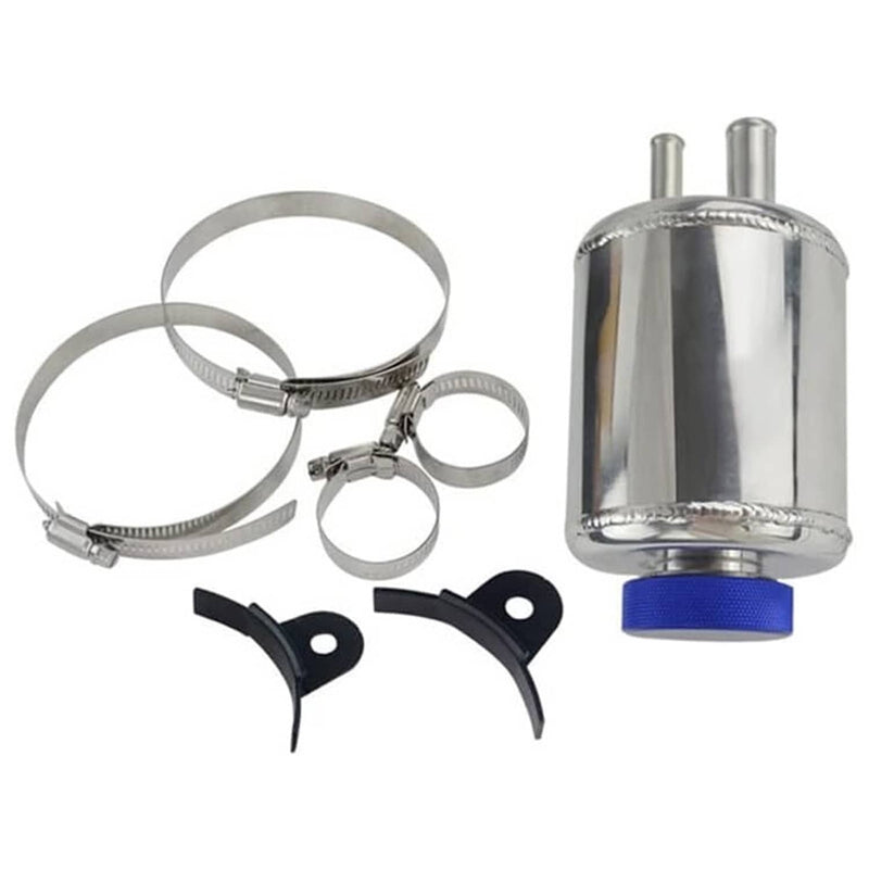 Universal Aluminum Racing Power Steering Fluid Reservoir Tank Silver Clamps