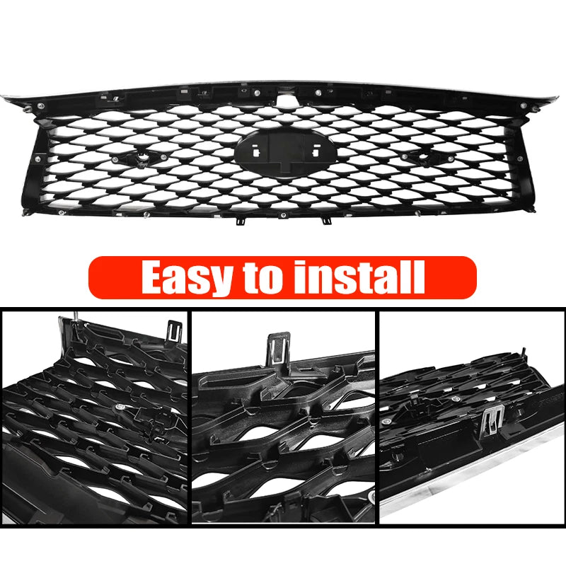 DURAFORCE For 2018-2023 Infiniti Q50 Chrome Bezel Front Bumper Black Grille W/sensor holes