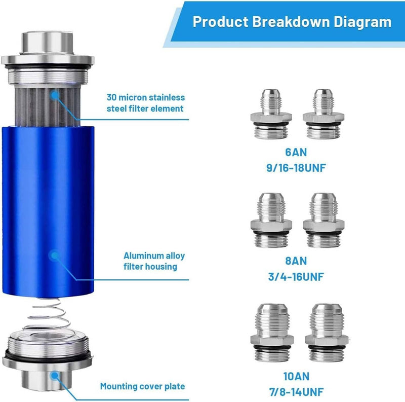 Blue 30 Micron Billet Aluminum Inline Fuel Petrol Filter Bracket AN6 AN8 AN10