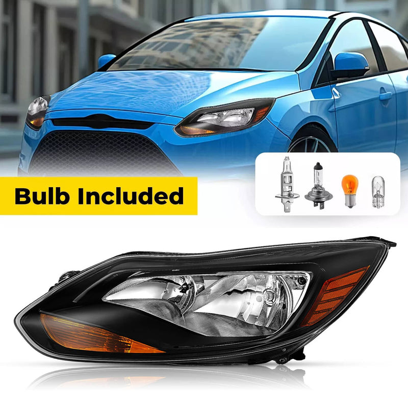 DURAFORCE Black Left Driver Side Headlights Clear Lens Halogen for Ford Focus 2012-2014