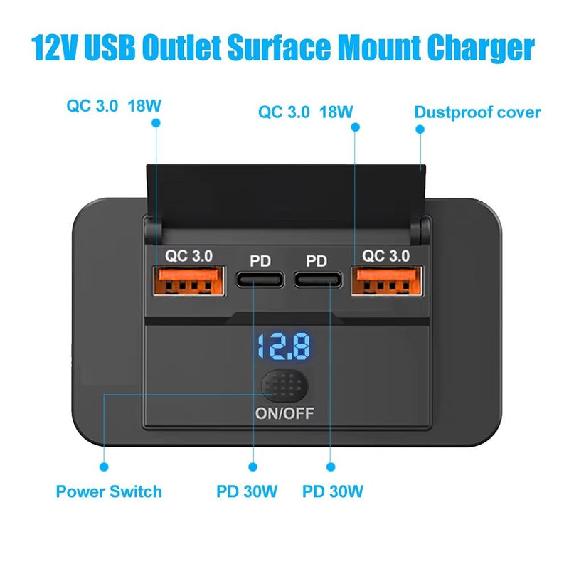 QC3.0 & PD Car Charger Socket Panel LED Voltmeter USB Power Outlet 12-24V for RV